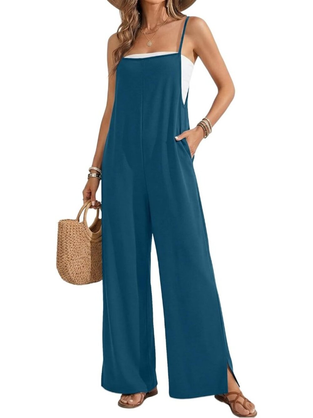 Women Jumpsuits Dark Blue Casual Summer Wide Leg Sleeveless Rompers With Pockets